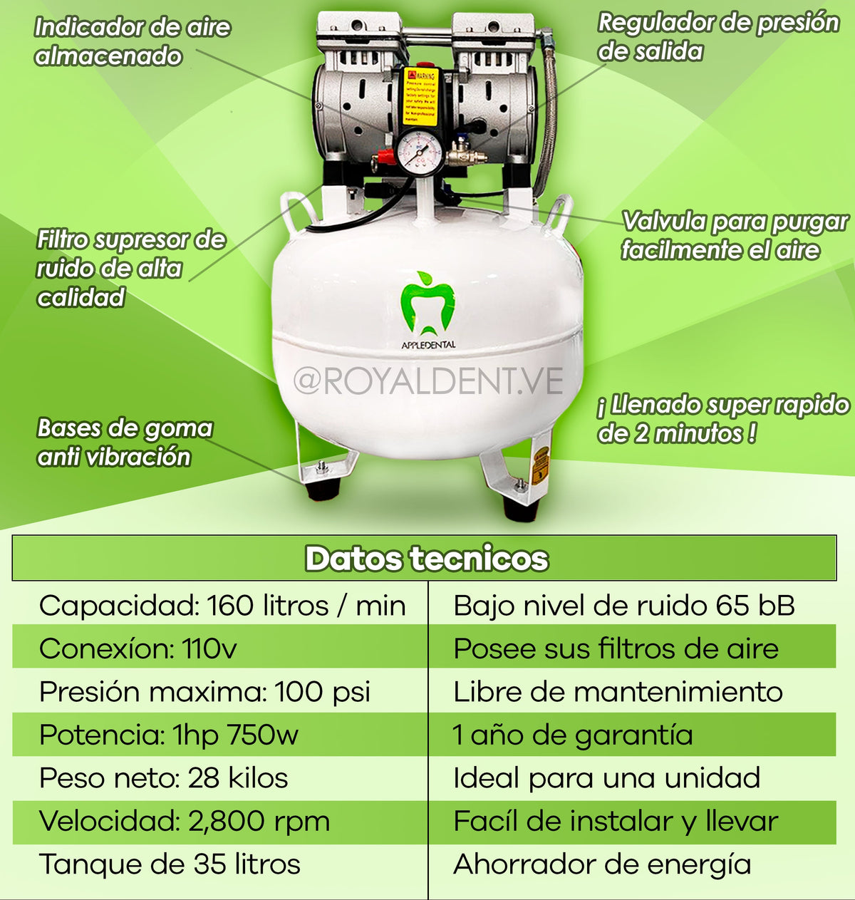 Compresor Silente Libre de Aceite 1hp Appledental 35 litros