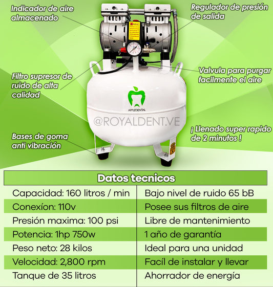 Compresor Silente Libre de Aceite 1hp Appledental 35 litros